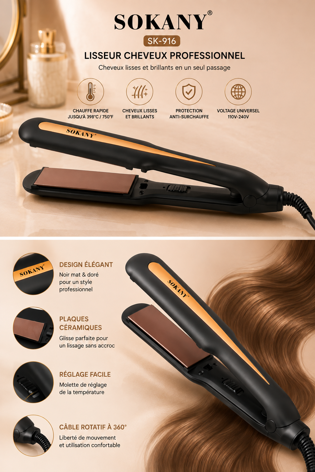 Lisseur Cheveux Professionnel SOKANY SK-916