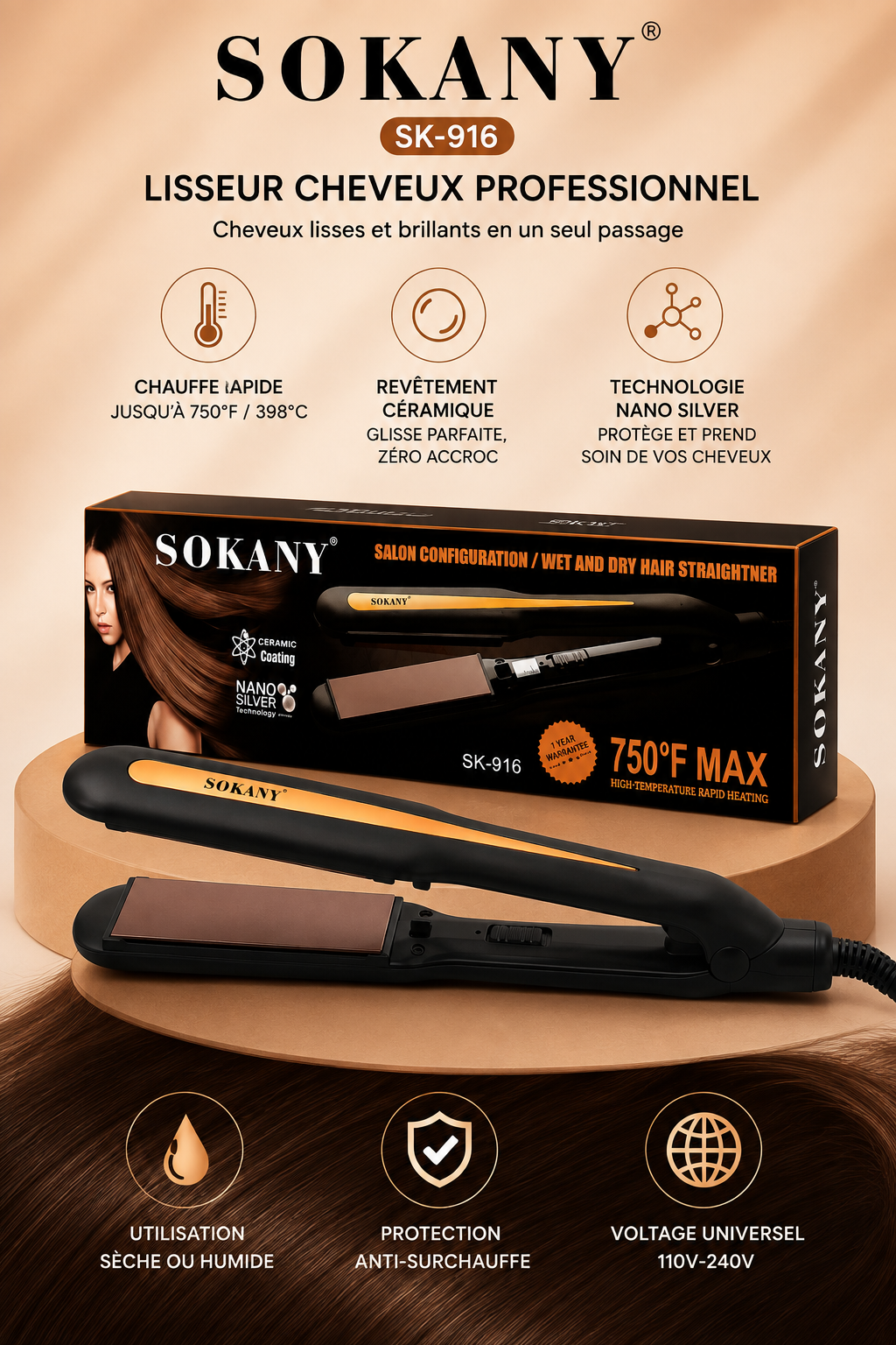 Lisseur Cheveux Professionnel SOKANY SK-916