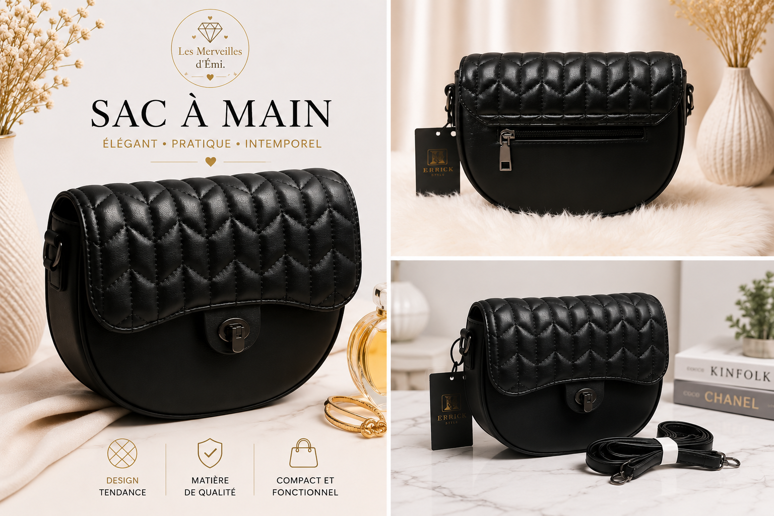 Sac à main femme matelassé – Noir